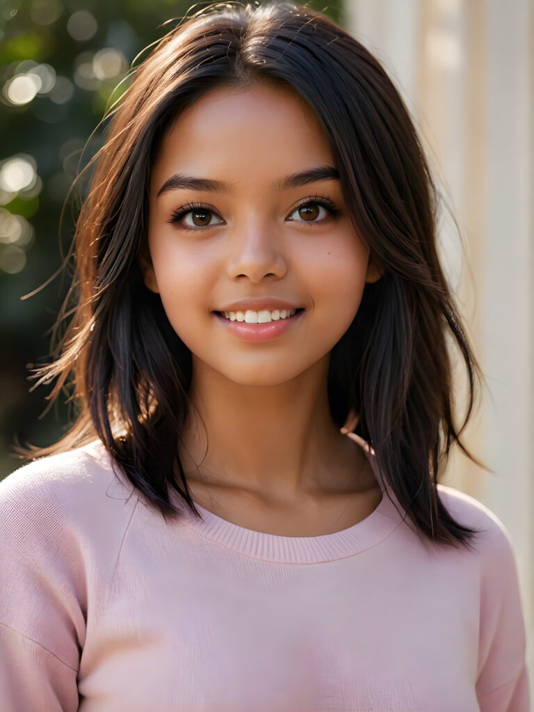 detailed and realistic photo: a beautiful, breathtaking brown-skinned teenage girl with silky smooth obsidian soft black straight hair looks at the viewer in amazement. She has a round face, smooth, white skin and full, plump lips. Her mouth is slightly open with white teeth. The picture is bathed in warm light and creates perfect shadows. She wears a thin, tight-fitting pink sweater that emphasizes her wonderful body. Her beautiful brown eyes reflect a little light. ((stunning)) ((gorgeous))