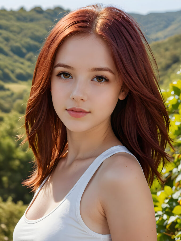 detailed and realistic close-up portrait: a (((beautiful teen girl with (straight burgundy hair with soft layers) and brown eyes))), looks seductively and smiles gently, who exudes a distinct (((sharpness))), coupled with (((pale skin))) and (((vividly full lips))) that curve into, dressed in a (((white crop tank top))), (sunny natural landscape in backdrop)