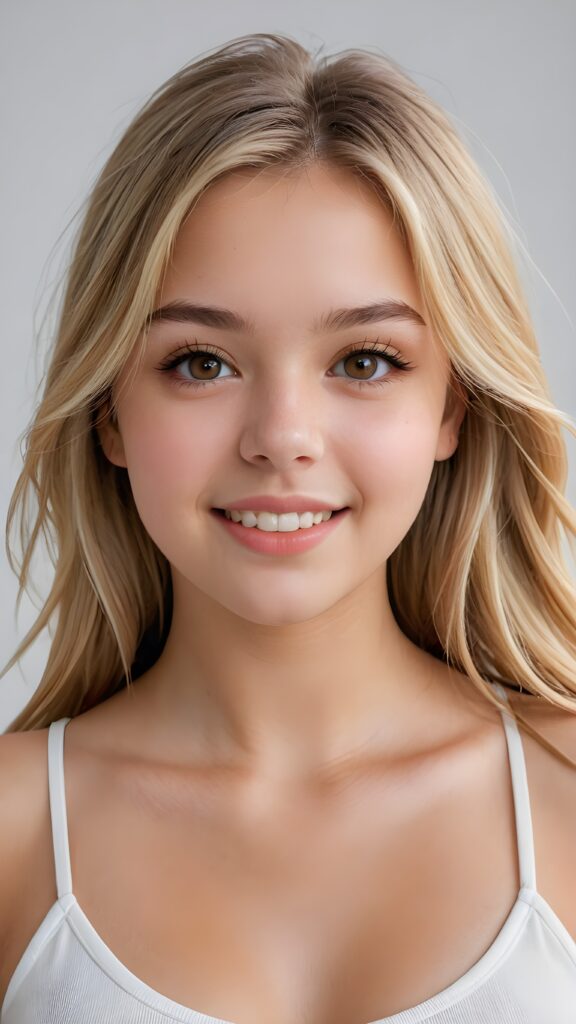 detailed and realistic photo: a beautiful, breathtaking teenage girl with soft blond straight hair looks at the viewer in amazement. The hair reaches down to the shoulders and is cut straight. She has a round face, smooth, white skin and full, plump lips. Her mouth is slightly open with white teeth. The picture is bathed in warm light and creates perfect shadows. She wears a thin, tight-fitting t-shirt that emphasizes her wonderful body. Her beautiful brown eyes reflect a little light. ((stunning)) ((gorgeous)) ((white background)).
