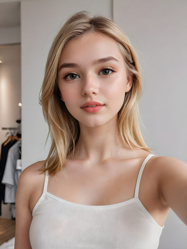 detailed and realistic photo from a (((cute teen girl (take a selfie)))) with straight, sleek blonde soft hair and (((kissable lips))), dressed in a (((minimalist wardrobe))) ((crop thin top, perfect curved body))