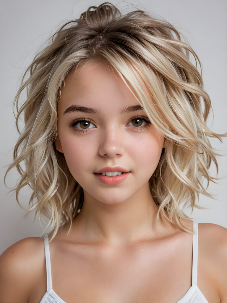 detailed and realistic photo: a beautiful, breathtaking teenage girl with soft platinum blond weavy messy hair looks at the viewer in amazement. The hair reaches down to the shoulders and is cut straight. She has a round face, smooth, white skin and full, plump lips. Her mouth is slightly open with white teeth. The picture is bathed in warm light and creates perfect shadows. She wears a thin, tight-fitting tank top that emphasizes her wonderful body. Her beautiful brown eyes reflect a little light. ((stunning)) ((gorgeous)) ((white background))