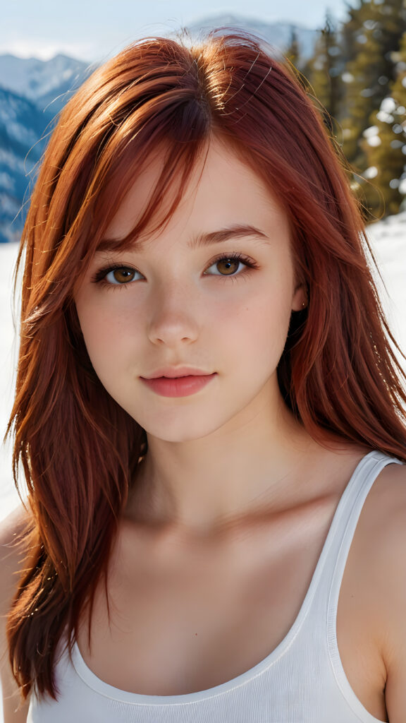detailed and realistic close-up portrait: a (((beautiful teen girl with (straight burgundy hair with soft layers) and brown eyes))), looks seductively and smiles gently, who exudes a distinct (((sharpness))), coupled with (((pale skin))) and (((vividly full lips))) that curve into, dressed in a (((white crop tank top))), (sunny snow landscape in backdrop)