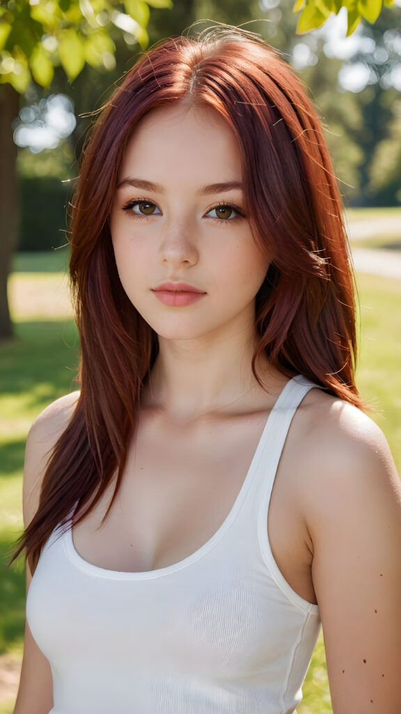 detailed and realistic close-up portrait: a (((beautiful teen girl with (straight burgundy hair with soft layers) and brown eyes))), who exudes a distinct (((sharpness))), coupled with (((pale skin))) and (((vividly full lips))) that curve into, dressed in a (((white crop tank top))), (sunny park in backdrop)