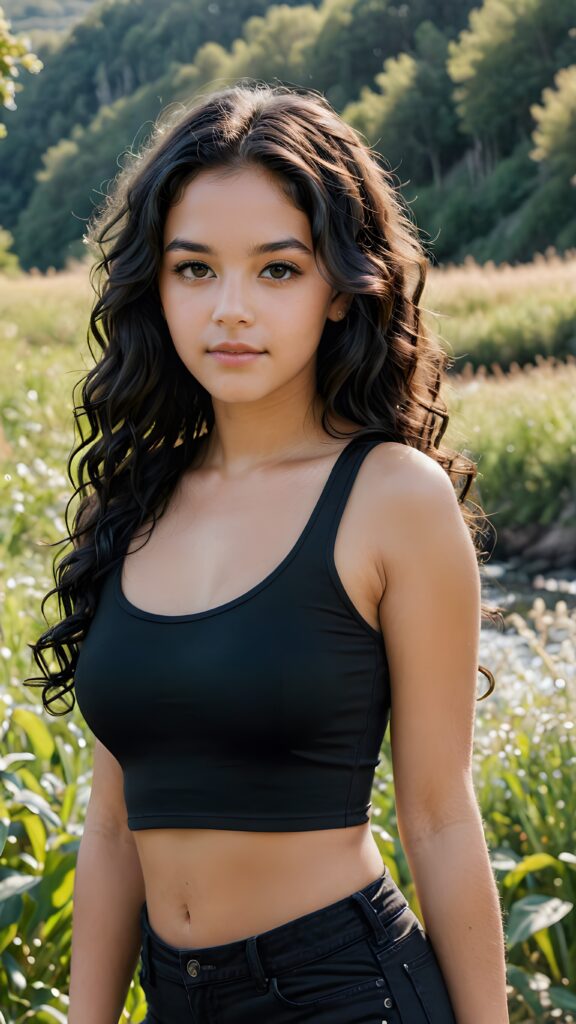 detailed and realistic portrait: a natural beautiful teen girl with long semi curly soft black hair wearing a black tight crop top, in a beautiful natural place