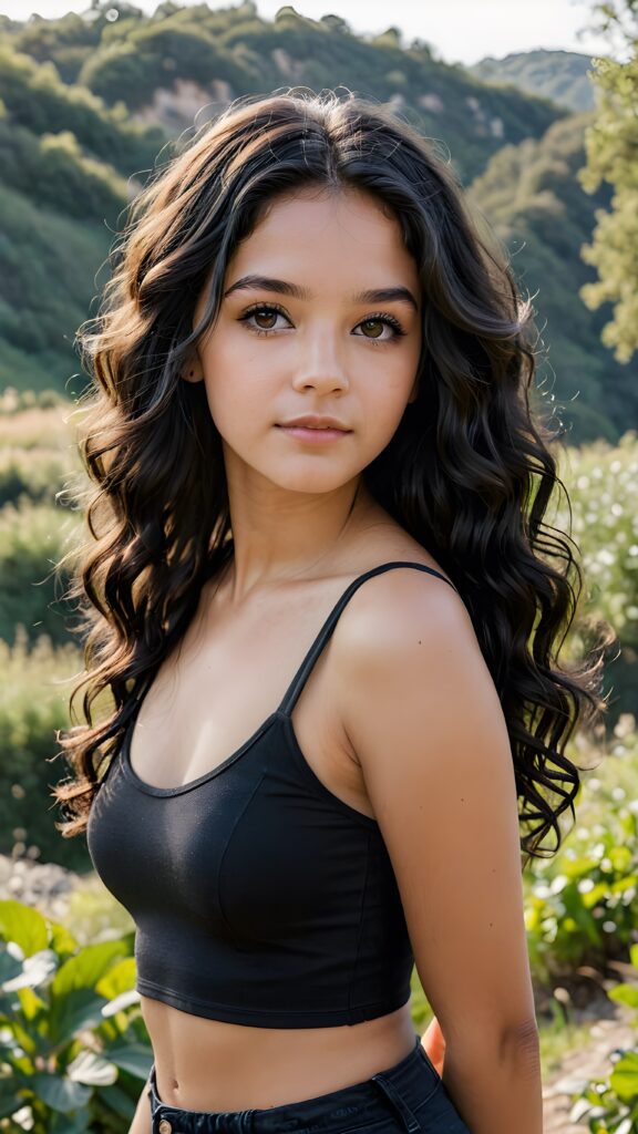 detailed and realistic portrait: a natural beautiful teen girl with long semi curly soft black hair wearing a black tight crop top, in a beautiful natural place