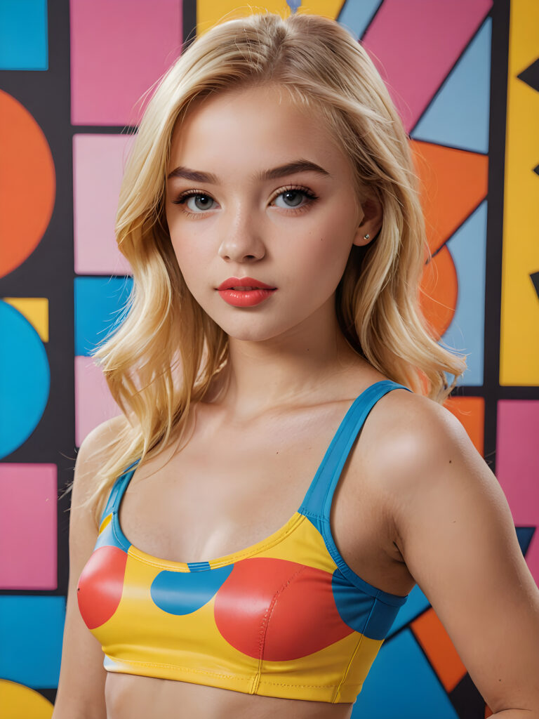 detailed and realistic photo from a (((cute pop art teen girl))) with straight, sleek blonde soft hair and (((kissable lips))), dressed in a ((crop thin top, perfect curved body))