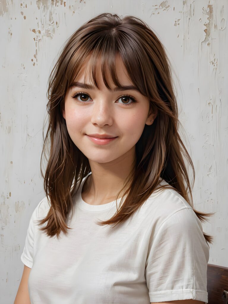 detailed and realistic portrait: a breathtakingly realistic, capturing the essence of a youthful teen girl with a flawlessly proportioned upper body, long, sleek straight soft mahogany brown hair, bangs cut, aged 15, wears a thin white t-shirt, warm smile, ((a white canvas as a background)), ((sitting, side view))