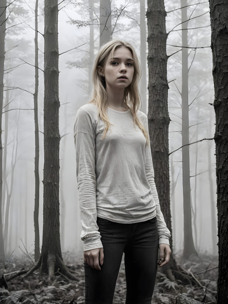 detailed and realistic pictures: a young blond teenage girl in a big foggy forest, feel lonely, she is thin and poor dressed, perfect curved body, ((stunning)) ((gorgeous))