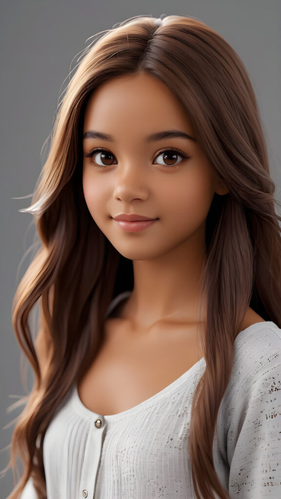 detailed and realistic 3D pictures: a ((brown-skinned cute teenage girl)), white dressed, soft long hair, (grey background)
