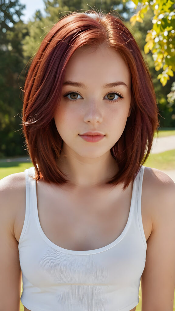 detailed and realistic close-up portrait: a (((beautiful teen girl with (straight burgundy hair with soft layers) and brown eyes))), who exudes a distinct (((sharpness))), coupled with (((pale skin))) and (((vividly full lips))) that curve into, dressed in a (((white crop tank top))), (sunny park in backdrop)