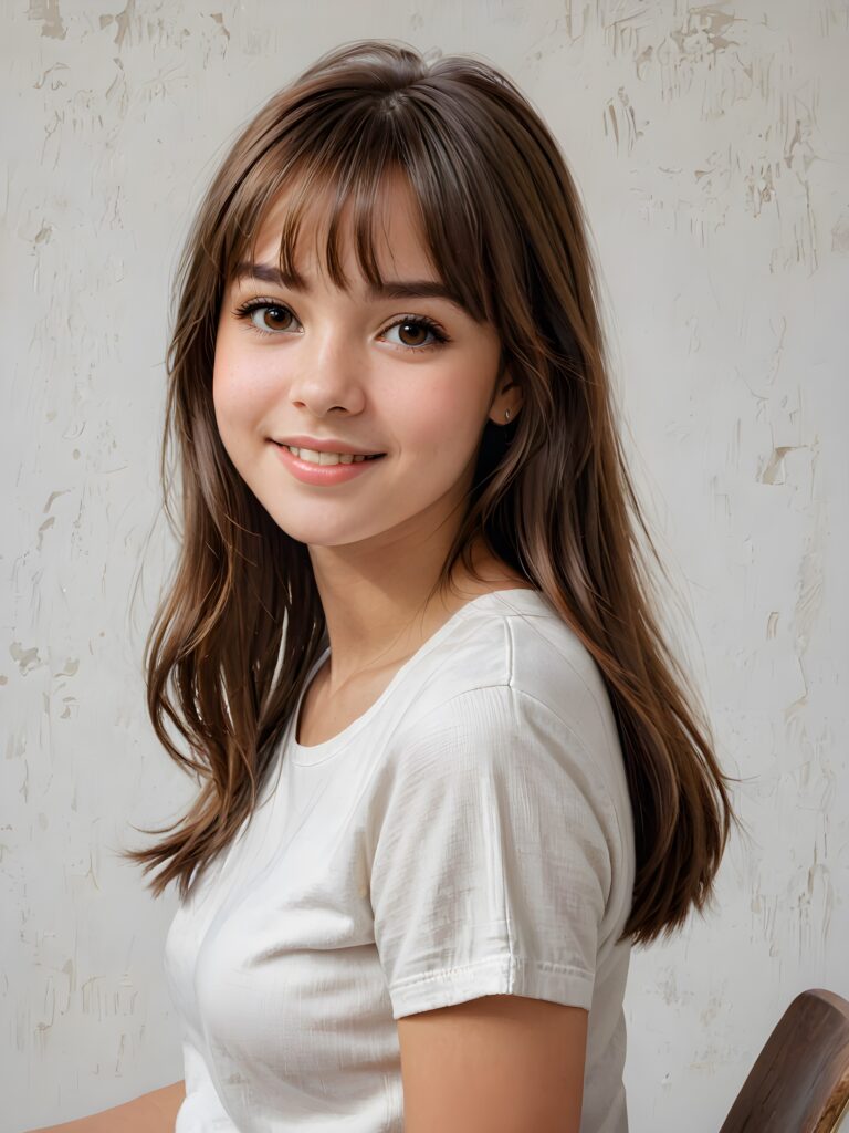 detailed and realistic portrait: a breathtakingly realistic, capturing the essence of a youthful teen girl with a flawlessly proportioned upper body, long, sleek straight soft mahogany brown hair, bangs cut, aged 15, wears a thin white t-shirt, warm smile, ((a white canvas as a background)), ((sitting, side view))