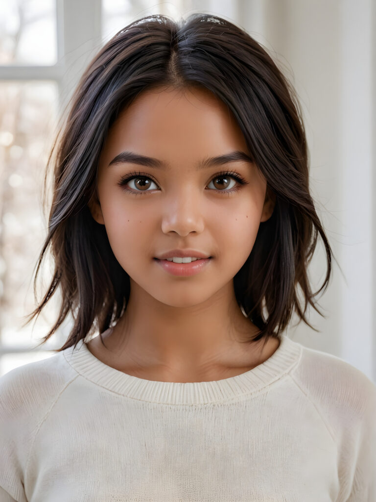 detailed and realistic photo: a beautiful, breathtaking brown-skinned teenage girl with silky smooth obsidian soft black straight hair looks at the viewer in amazement. The hair reaches down to the shoulders and is cut straight. She has a round face, smooth, white skin and full, plump lips. Her mouth is slightly open with white teeth. The picture is bathed in warm light and creates perfect shadows. She wears a thin, tight-fitting sweater that emphasizes her wonderful body. Her beautiful brown eyes reflect a little light. ((stunning)) ((gorgeous)) ((white background))