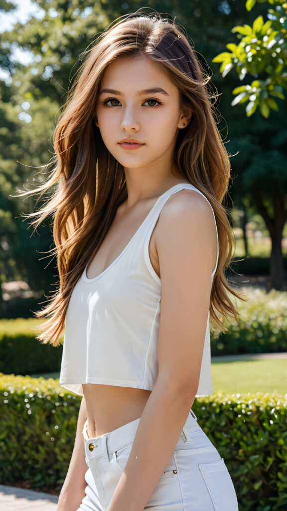 detailed and realistic portrait: a (((beautiful teen girl with long, soft hair and brown eyes))), who exudes a distinct (((sharpness))), coupled with (((pale skin))) and (((vividly hued lips))) that curve into a (((hairstyle long layered ombre))), dressed in a (((white crop tank top))), (sunny park in backdrop)