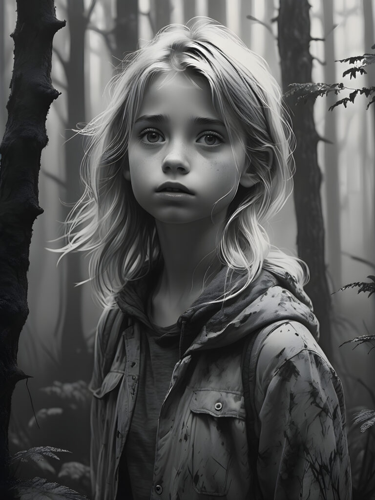 detailed and realistic pictures: a young blond girl in a big foggy forest, feel lonely