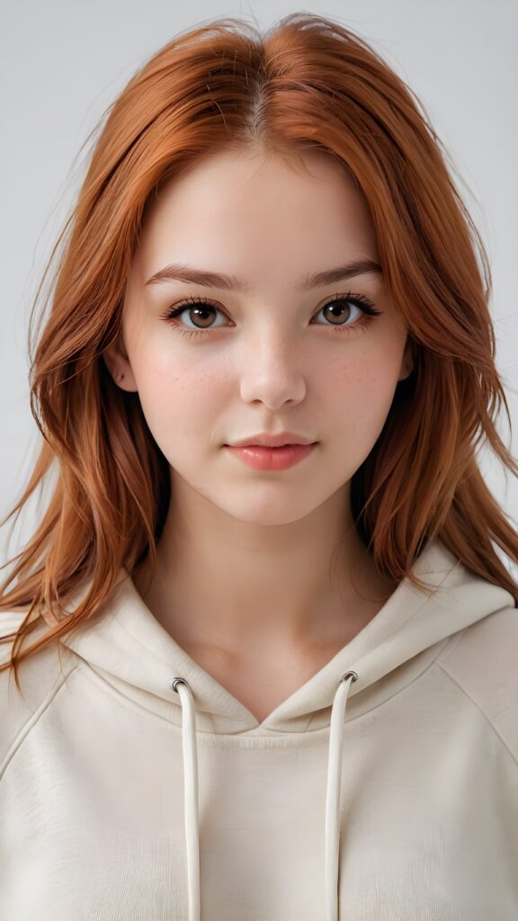 detailed and realistic photo: a beautiful, breathtaking teenage girl with soft red straight hair looks at the viewer in amazement. The hair reaches down to the shoulders and is cut straight. She has a round face, smooth, white skin and full, plump lips. Her mouth is slightly open with white teeth. The picture is bathed in warm light and creates perfect shadows. She wears a thin, tight-fitting hoodie that emphasizes her wonderful body. Her beautiful brown eyes reflect a little light. ((stunning)) ((gorgeous)) ((white background))