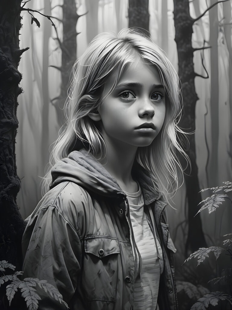 detailed and realistic pictures: a young blond girl in a big foggy forest, feel lonely