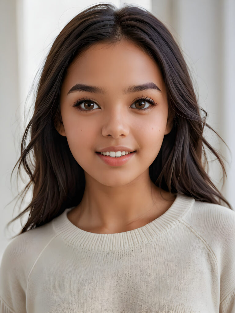 detailed and realistic photo: a beautiful, breathtaking brown-skinned teenage girl with silky smooth obsidian soft black straight hair looks at the viewer in amazement. She has a round face, smooth, white skin and full, plump lips. Her mouth is slightly open with white teeth. The picture is bathed in warm light and creates perfect shadows. She wears a thin, tight-fitting sweater that emphasizes her wonderful body. Her beautiful brown eyes reflect a little light. ((stunning)) ((gorgeous)) ((white background))