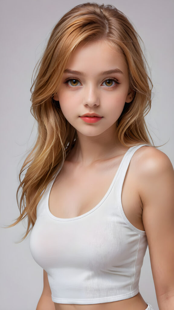 detailed and super realistic photo from the most enchanting and fascinating teen model girl, 13 years old, with ((long, straight soft copper blonde hair)) and ((realistic amber eyes)), the hair covers her forehead, she is wearing a ((thin short crop white tank top)) which emphasizes her perfectly formed body, she looks seductively at the viewer and has beautiful (red lips) ((minimal backdrop))