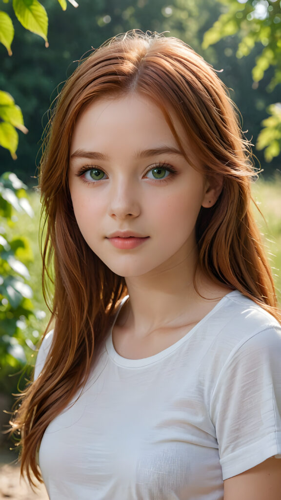 detailed and super realistic photo from the most enchanting and fascinating teen girl, with long, straight soft auburn-red hair and light green eyes, the hair covers her forehead, she is wearing a thin short white t-shirt which emphasizes her perfectly formed body, she looks seductively at the viewer and has kissable lips, natural backdrop