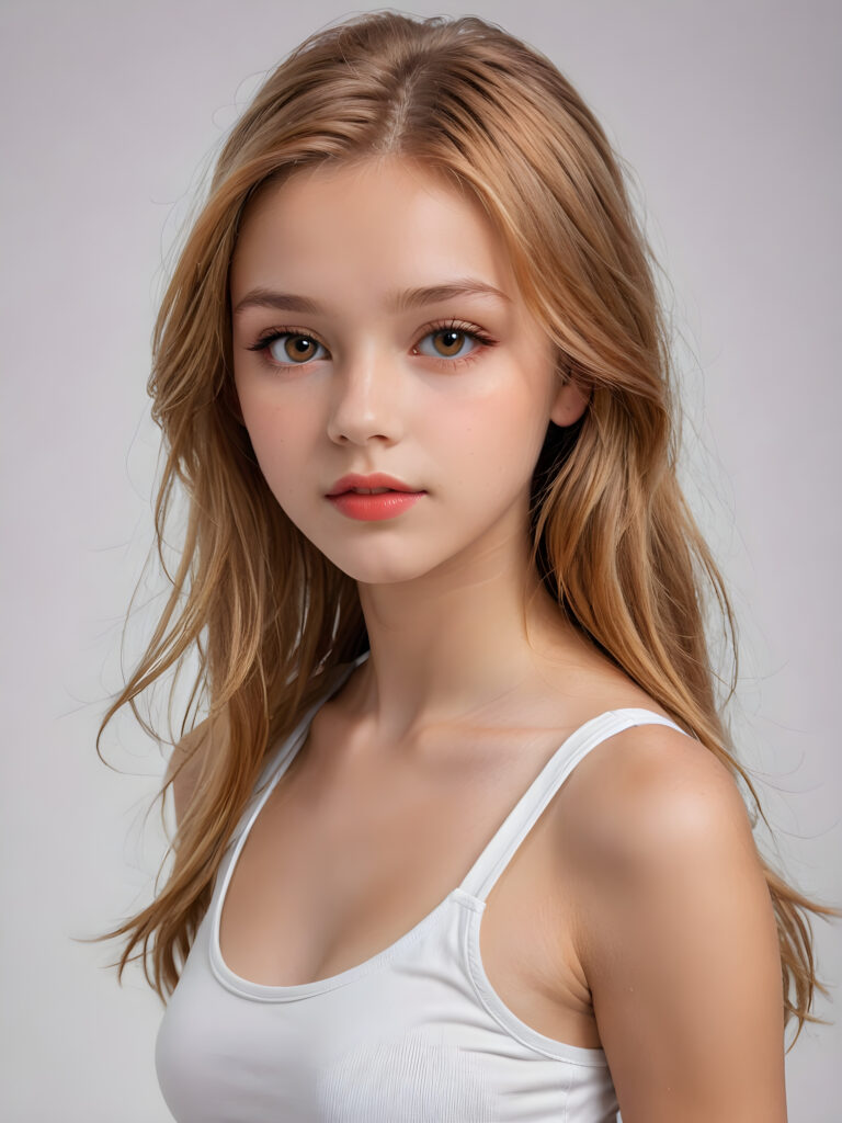 detailed and super realistic photo from the most enchanting and fascinating teen model girl, 13 years old, with ((long, straight soft copper blonde hair)) and ((realistic amber eyes)), the hair covers her forehead, she is wearing a ((thin short crop white tank top)) which emphasizes her perfectly formed body, she looks seductively at the viewer and has beautiful (red lips) ((minimal backdrop))
