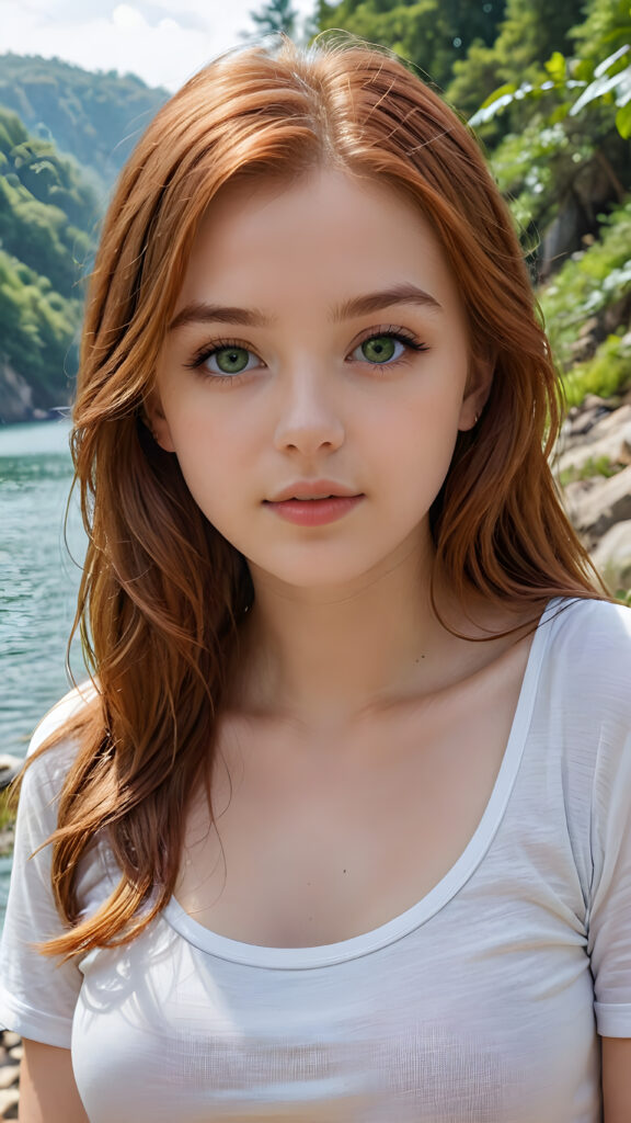 detailed and super realistic photo from the most enchanting and fascinating teen girl, with long, straight soft auburn-red hair and light green eyes, the hair covers her forehead, she is wearing a thin short white t-shirt which emphasizes her perfectly formed body, she looks seductively at the viewer and has kissable lips, natural backdrop