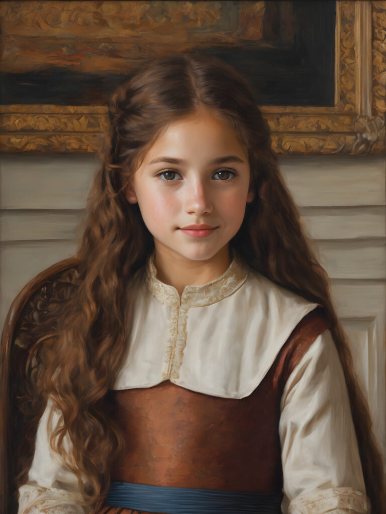 ((detailed painting)) a young girl, 12 years old, sits on a chair and looks sideways at the viewer. She has long, auburn straight hair and smiles slightly. The background shows an antique room from the 1500s. The girl is wearing a traditional thin dress from the 1500s. She has brown eyes.
