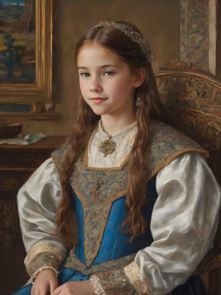 ((detailed painting)) a young girl, 12 years old, sits on a chair and looks sideways at the viewer. She has long, auburn straight hair and smiles slightly. The background shows an antique room from the 1500s. The girl is wearing a traditional thin dress from the 1500s. She has brown eyes.