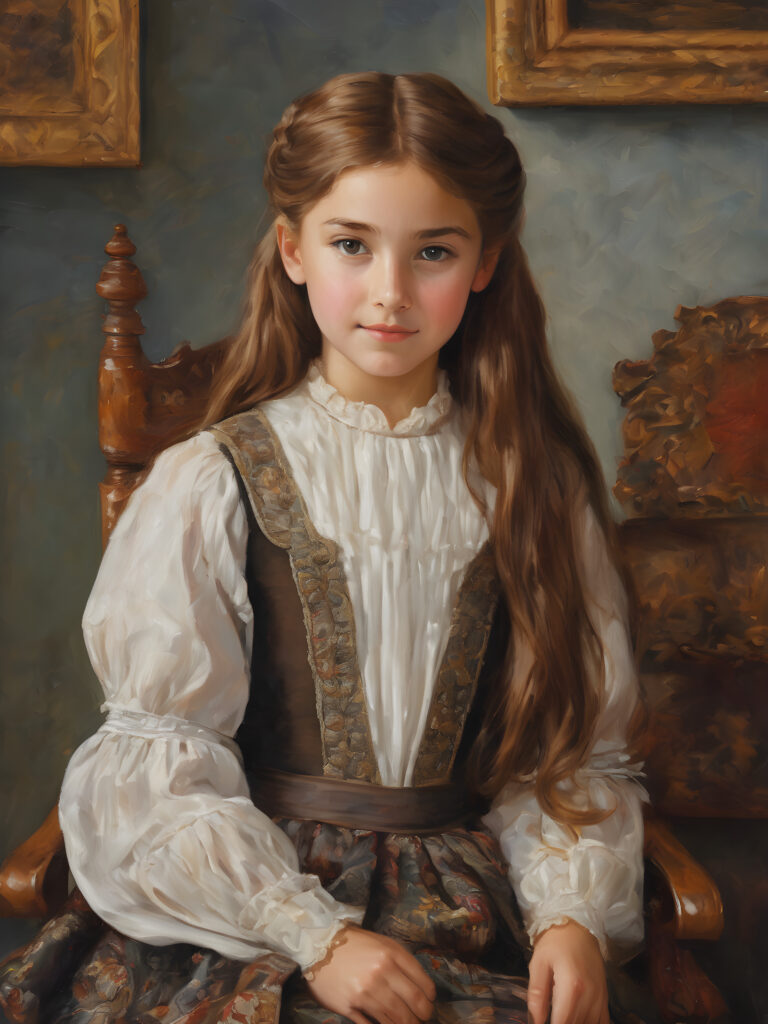 ((detailed painting)) a young cute girl, 12 years old, sits on a chair and looks sideways at the viewer. She has long, auburn straight hair and smiles slightly. The background shows an antique room from the 1800s. The girl is wearing a traditional thin dress from the 1800s. She has brown eyes.