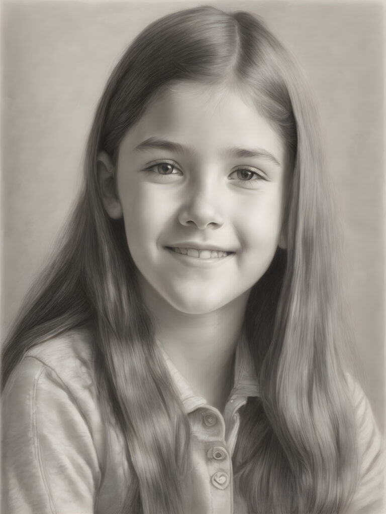 ((detailed pencil drawing)) a young cute girl, 12 years old, sits on a chair and looks sideways at the viewer. She has long, straight hair and smiles slightly.