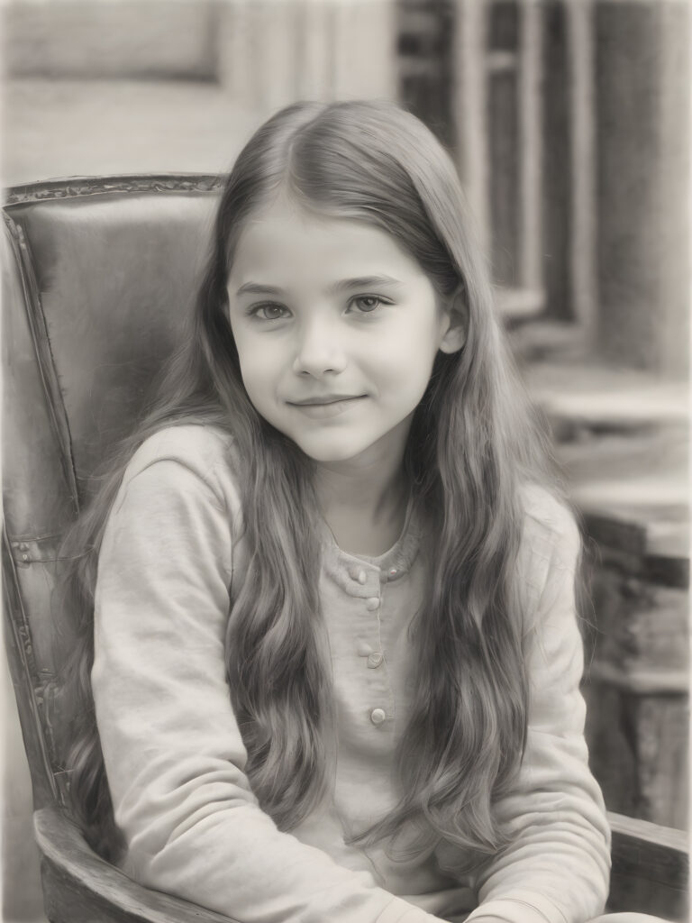 ((detailed pencil drawing)) a young cute girl, 12 years old, sits on a chair and looks sideways at the viewer. She has long, straight hair and smiles slightly.