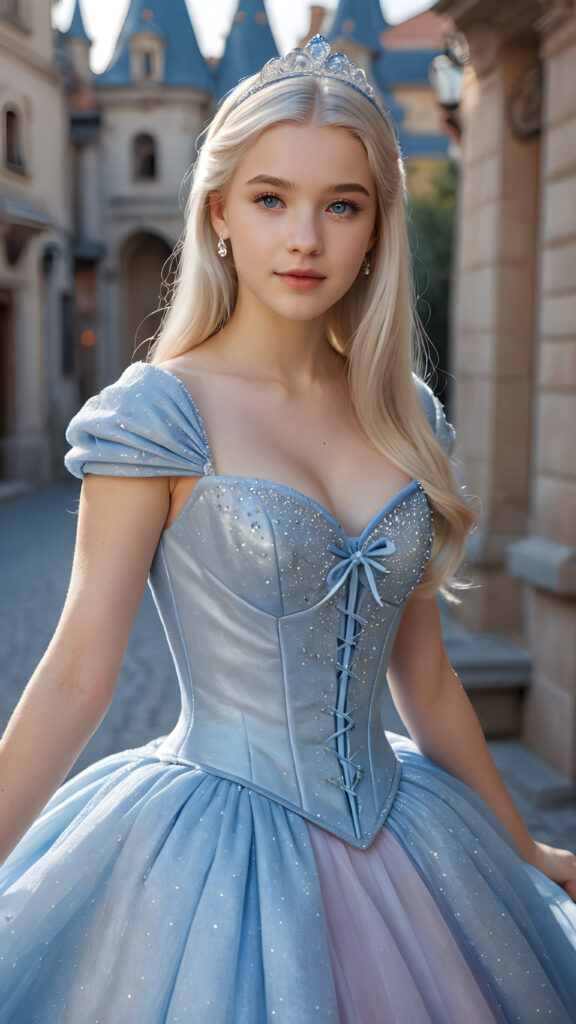detailed photo, silvery-skinned (((young teen girl in Cinderella Style))), long platinum hair, light blue eyes, perfect curved body, perfect anatomy, short elegant dressed with a corset and a skirt ((portrait)) ((cute))