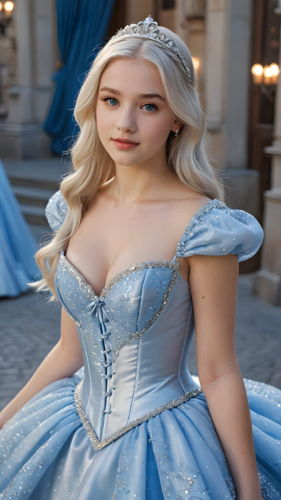 detailed photo, silvery-skinned (((young teen girl in Cinderella Style))), long platinum hair, light blue eyes, perfect curved body, perfect anatomy, short elegant dressed with a corset and a skirt ((portrait)) ((cute))