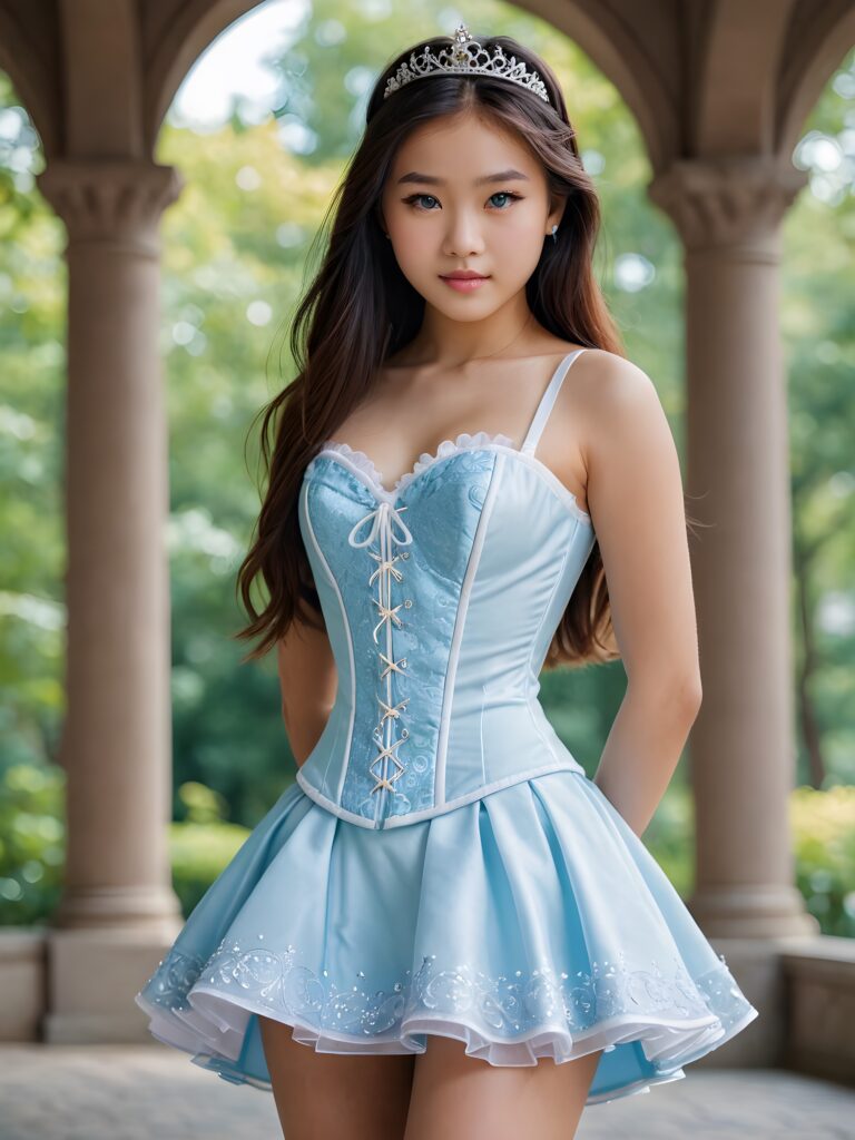 detailed photo, young Asian teen girl in princess style, long hair, light blue eyes, perfect curved body, perfect anatomy, short dressed with a white corset and a skirt ((portrait)) ((cute))