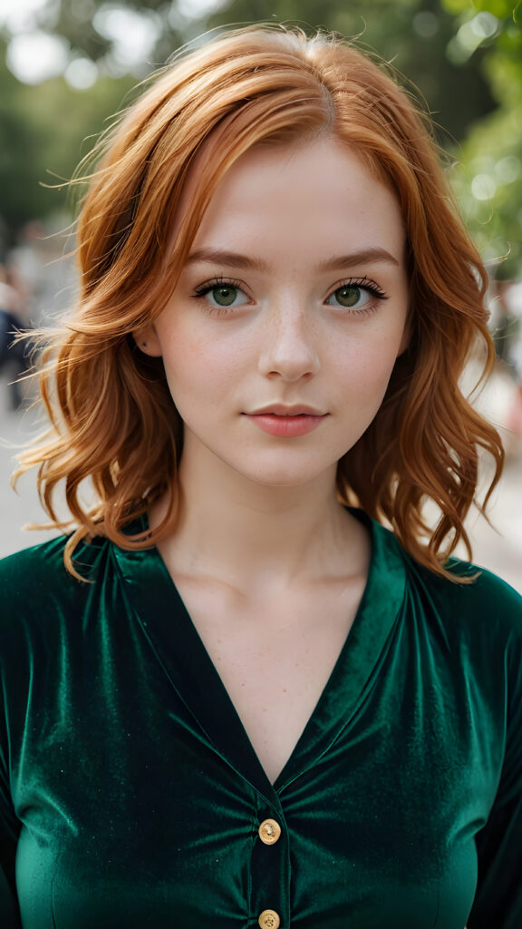 detailed photo: a girl with ginger hair wearing velvet green clothes