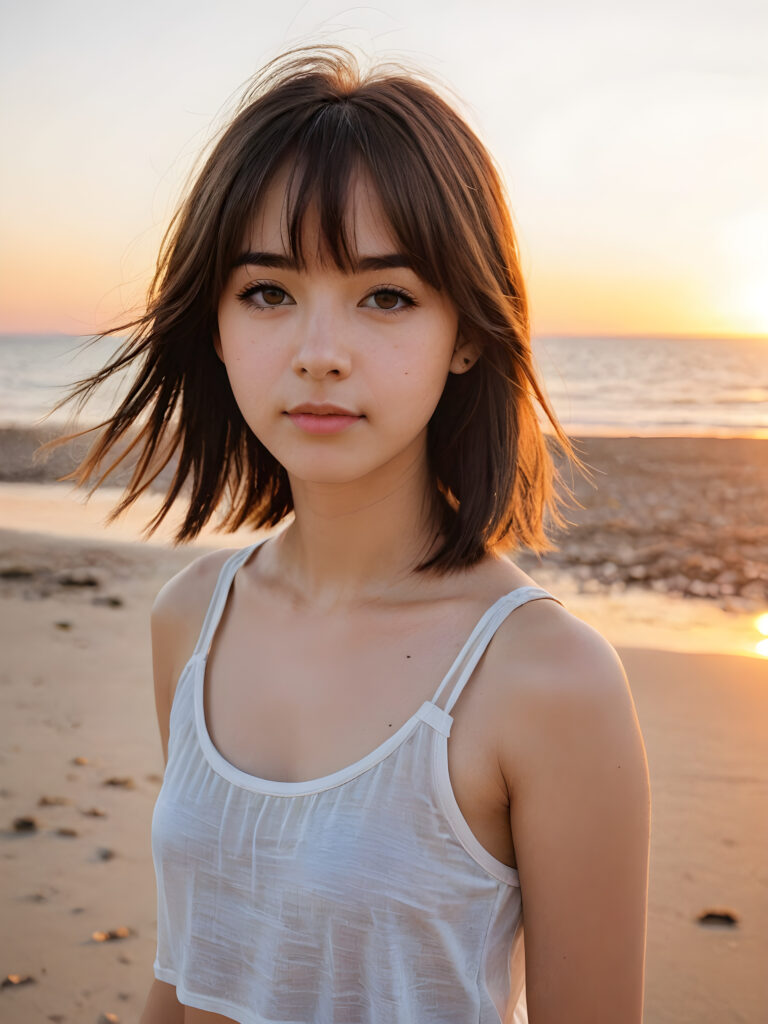 detailed photo: a teen emo girl with soft hazelnut shoulder-length straight hair framing her face in gentle bangs, ((on a lonely beach with a sunrise)), she wears a thin tank top made of silk