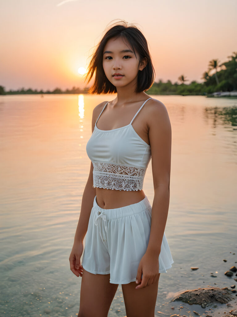 detailed photo: a young cute Exotic teen girl stands on a lonely, paradisiacal lagoon, full body, short crop top, she has soft flowing hair, perfect fit body, sunset in background