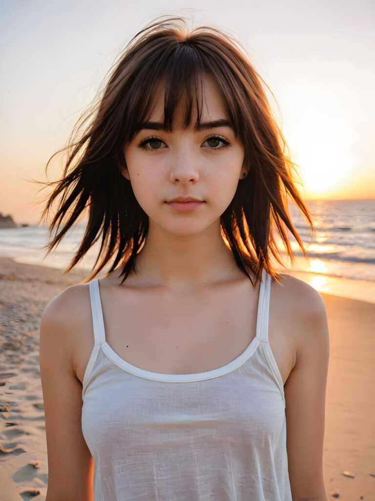 detailed photo: a teen emo girl with soft hazelnut shoulder-length straight hair framing her face in gentle bangs, ((on a lonely beach with a sunrise)), she wears a thin tank top made of silk