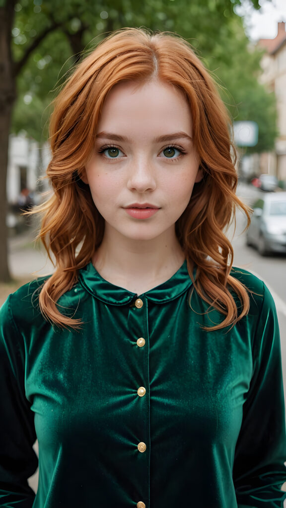 detailed photo: a girl with ginger hair wearing velvet green clothes