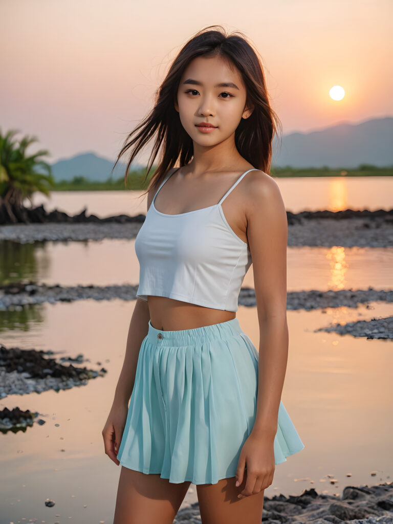 detailed photo: a young cute Exotic teen girl stands on a lonely, paradisiacal lagoon, full body, short crop top, she has soft flowing hair, perfect fit body, sunset in background