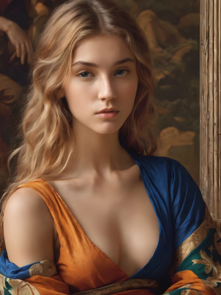 ((detailed portrait, upper body)) ((stunning)) a young cute girl, perfect body, low cut crop top, in draw style of Michelangelo, sitting in front of viewer