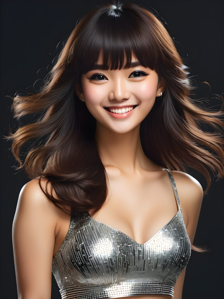((detailed portrait)) a (((cute adult girl))) with long hairs (((Korean bangs cut))), wearing a silver party crop top, smile softly ((full body picture)), perfect curved body, side view, night, black background