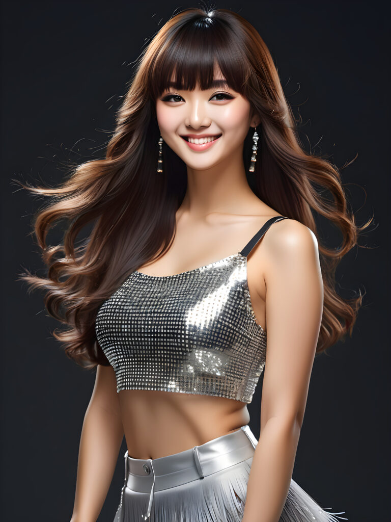 ((detailed portrait)) a (((cute adult girl))) with long hairs (((Korean bangs cut))), wearing a silver party crop top, smile softly ((full body picture)), perfect curved body, side view, night, black background