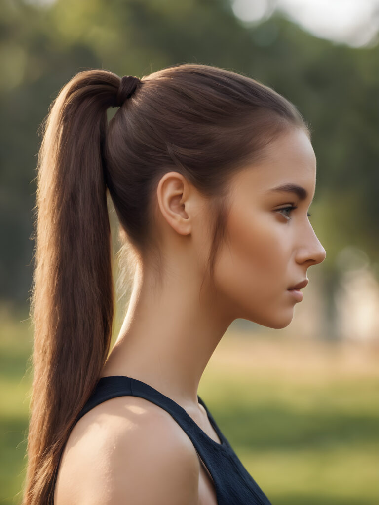 (detailed portrait, side view)) a girl, brown hair, her hair tied into a pony tail