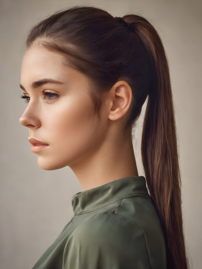 (detailed portrait, side view)) a girl, brown hair, her hair tied into a pony tail