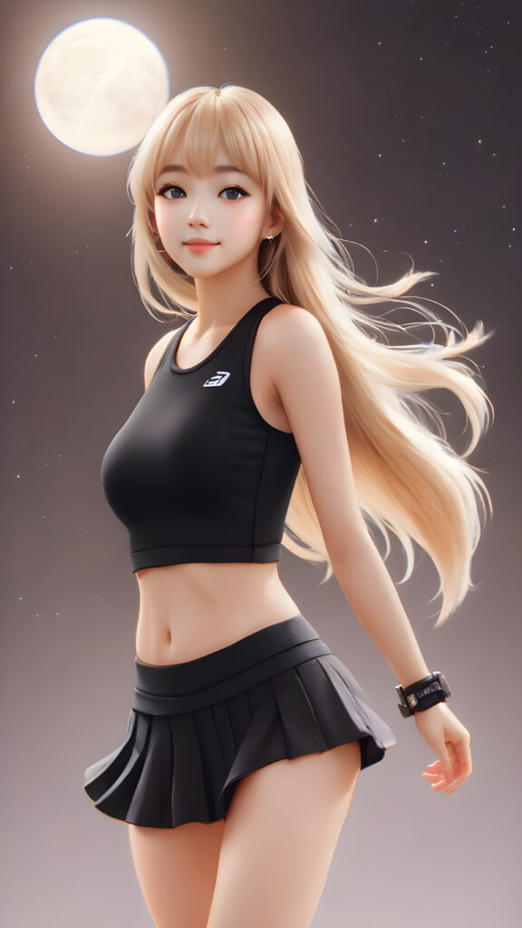 ((detailed, realistic full body portrait)) a cute Exotic teen girl with flowing, straight blonde hair, Korean styled bangs, dressed in a ((black sport top)), ((mini skirt)), alone in the moonlight, in side of the viewer, perfect curved body, perfect anatomy, warm smile