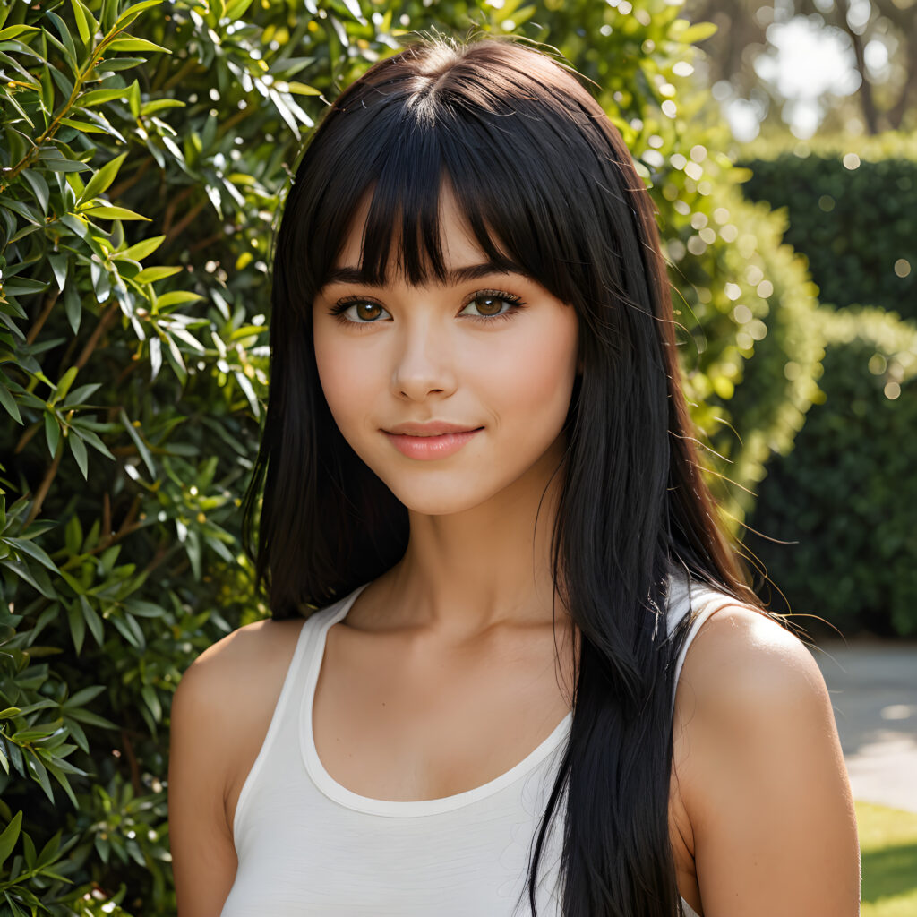 ((detailed, realistic)) ((portrait)) of (((cute and gorgeous))) ((long, straight black hair)) ((stunning)) a beautifully ((young teen girl)), bangs cut, angelic round face, ((black eye)) looks at the camera, perfect curved body, white background, side view, ((no background)), cinematic dimmed light, thin white dressed in a tank top, warm smile. She stands in front of a large green hedge of cypress trees.