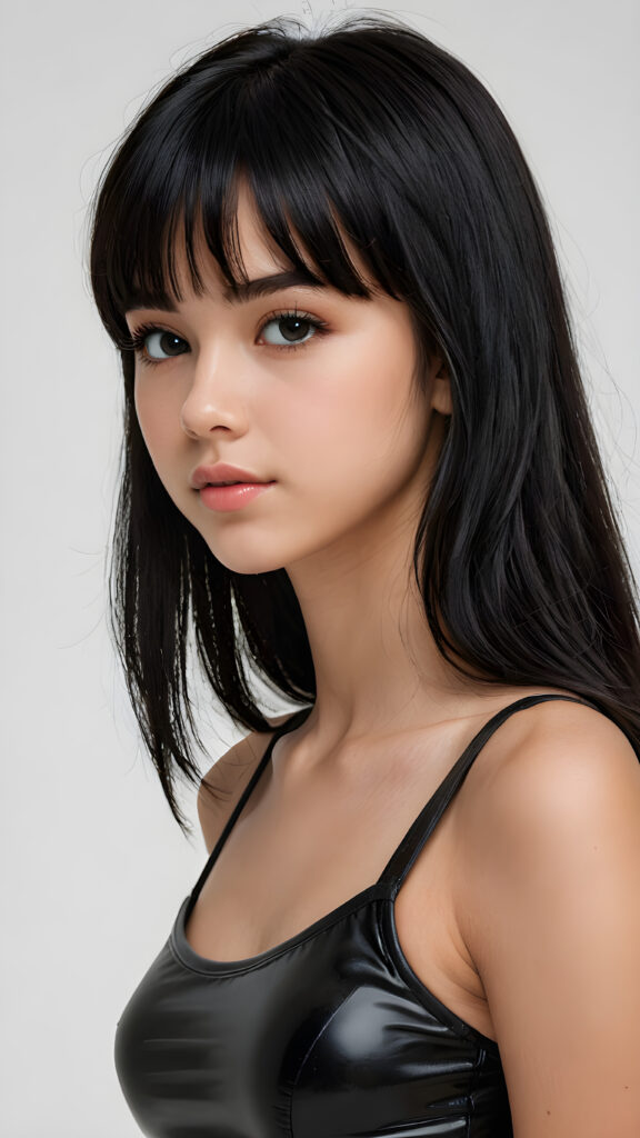 ((detailed, realistic)) ((portrait)) of (((cute and gorgeous))) ((long, straight black hair)) ((stunning)) a beautifully ((teen girl)), 15 years old, bangs cut, angelic round face, ((black eye)) looks at the camera, perfect curved body, (wears a super short tight (black crop top) made of latex), white background, side view, ((no background)), cinematic dimmed light
