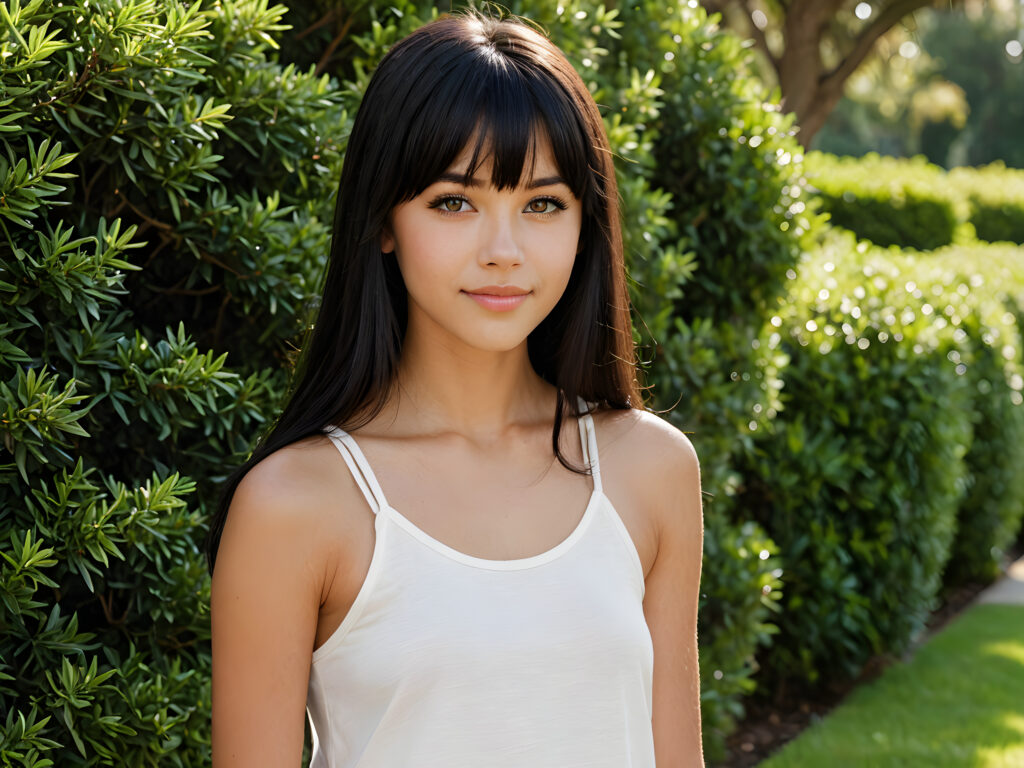 ((detailed, realistic)) ((portrait)) of (((cute and gorgeous))) ((long, straight black hair)) ((stunning)) a beautifully ((young teen girl)), bangs cut, angelic round face, ((black eye)) looks at the camera, perfect curved body, white background, side view, ((no background)), cinematic dimmed light, thin white dressed in a tank top, warm smile. She stands in front of a large green hedge of cypress trees.