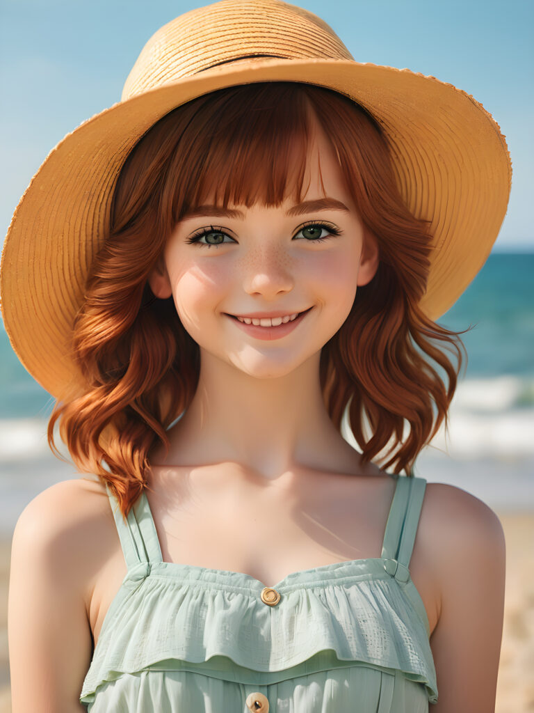 ((detailed, realistic portrait)) a beautiful gorgeous young teen girl stands on the beach. She has auburn hair and wears a straw hat. The sea can be seen in the background. She smiles.