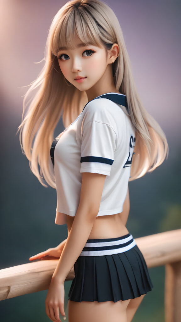 ((detailed, realistic full body portrait)) a cute Exotic teen girl with flowing, straight blonde hair, Korean styled bangs, dressed in a ((black sport top)), ((mini skirt)), alone in the moonlight, in side of the viewer, perfect curved body, perfect anatomy, warm smile